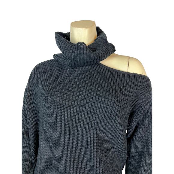 Lulu’s Womens sweater M Medium Black Knit Cold Shoulder Turtleneck Slouchy - Picture 5 of 11